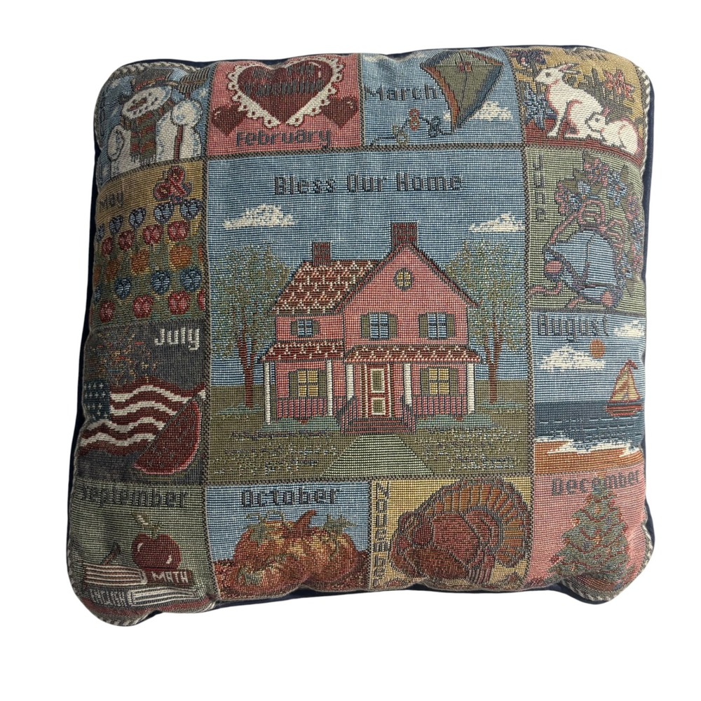 Bless Our Home Tapestry Throw Pillow Months of the Year Calendar‎ Navy 12x12